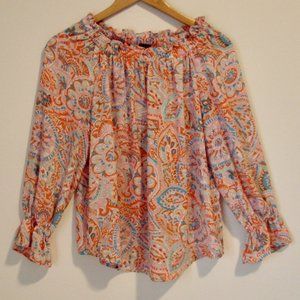 Talbots Floral Boho Peasant Blouse Top Ruffle Off Shoulder Loose Pink Orange XS